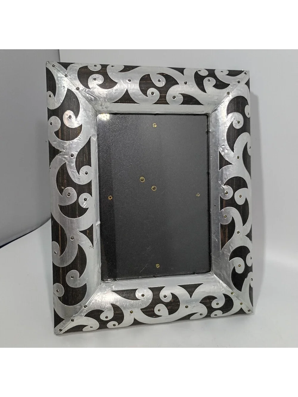 Black Wooden Silver Metal Handmade Scroll Design Boho Photo 5x7 Picture Frame